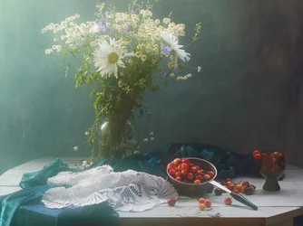 Wild Flowers Cherries Still Life