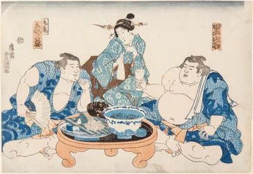Sumo Wrestlers Kuroiwa and Zogahana with a Geisha