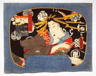 Courtesan with long pipe, Hachiman temple in inset on left