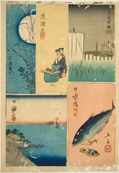Eitai Bridge, Nihon Bridge, Susaki, Flower Garden, and Dokan Hill (Eitaibashi, Nihonbashi, Susaki, Hanayashiki, Dokanyama), from the series "Cutouts of Famous Places in Edo (Harimaze Koto meisho)"