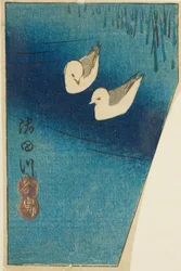 Oystercatchers on the Sumida River, section of a sheet from the series "Cutouts of Famous Places in Edo"