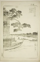 Pine of Success and Oumayagashi, Asakusa River (Asakusagawa shubi no matsu Oumayagashi), from the series "One Hundred Famous Views of Edo (Meisho Edo hyakkei)"
