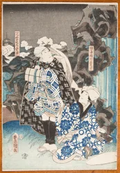 Theatrical scene - a woman and a man before a waterfall