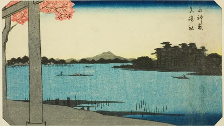 Suijin Woods and the Shrine at Massaki, section of a sheet from the series "Cutout Pictures of Famous Places in Edo"