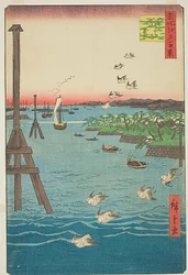 View of Shiba Coast, with shades of light blue water, No.108 from the series One Hundred Famous Views of Edo