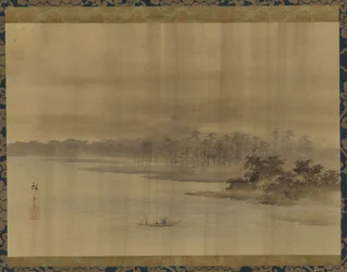 River Landscape and Temple in the Rain