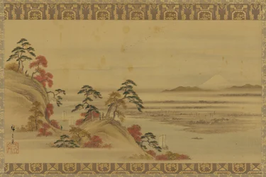River Landscape: Red Foliage and Mount Fuji