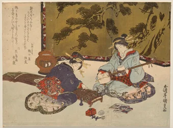 Two Courtesans Playing Musical Instruments