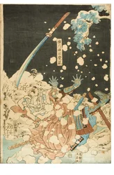 Bravery compared to snow, moon and flowers. Yokogawa Zenshi Kakuhan. Fallen warrior in snow