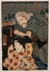 Actor Seki Sajuro III in the role of Giheji Oba and actor Bando Shuka in the role of Danshichi Okaji