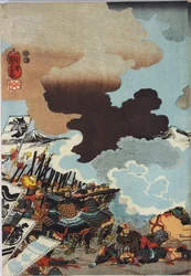 Sheet from a Colour Woodblock Print Triptych, Entitled Eiroku Yonnen Kugatsu Yokka Kawanakajima Kassen ni Yamamoto Kansuke Nyudo no Uchijini no Zu