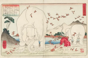 Taishun hoeing a field with the help of elephants and a flock of sparrows, signed Ichiyusai Kuniyoshi ga, c.1843