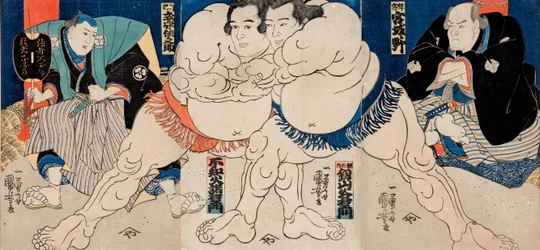 The Sumo Wrestlers Shiranui Dakuemon (center left), Tsurugizan Taniemon (center right) with Referee Shikimori Inosuke and Seated Judge (left), the Elder (Retired) Wrestler Miyagino (right)