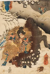 Woodblock Print - Chinzei Hachiro Tametomo Overthrowing a Wild Boar in the Snowy Mountains of Mashik