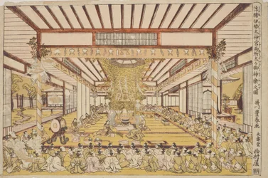 Solemn ceremony in the large hall / Uki-e Ise Daijingu Ryosho Daidai Mi-kagura no zu