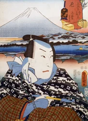 Portrait of Kabuki theatre actor in front of Mount Fuji, ukiyo-e art print, Japanese civilization, Edo period