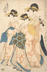The Oiran Hanaogi of Ogiya Attended by Two Shinzo and Her Kamuro Yoshino