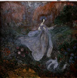 Morning. A Woman Dressed in Veils Walks Toward a Bird on the Ground in a Flower Garden. Work by Vasili Dmitrievich Millioti (1875-1943)