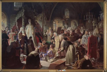 The Old Believer Priest Nikita Pustosvyat Debating with the Patriarch of Moscow, Joachim, on the Question of Faith in the Presence of Regent Sophia Alekseyevna Romanova