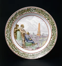 A Soviet propaganda porcelain dish, depicting a soldier of the Red Army, a worker and a peasant