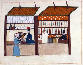 Shops (spice merchant) in Constantinople, Turkey under the Ottoman Empire. Miniature from 