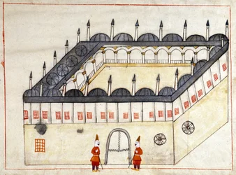 View from the outside of a caravan in Andrinople (now Edirne) in Turkey under the Ottoman Empire. Miniature from “Turkish Memorials” (codex Cicogna 1971 “Memorie Turchesche”) Watercolour from the 17th century Venetian school