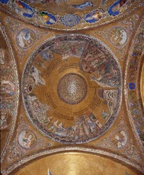 View of the dome with mosaics on a golden background illustrating the life of Moses. In the pendants, the four prophets Solomon, David, Zechariah, Malachi. The beginning of the 13th century. Basilica San Marco