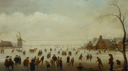 Winter landscape with numerous skaters, golf players and peasants on frozen waterways