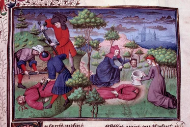 Murder scene of two men whose murderers cut off their heads. Page of a French manuscript of the “Decameron” by Giovanni Boccaccio, known as Jean Boccace (1313-1375), Italian writer, illuminated by the Master of Mansel. 1450, Paris, Library of the Arsenal