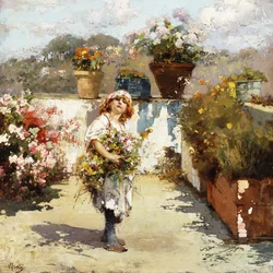 A Young Girl Gathering Flowers in the Sunshine