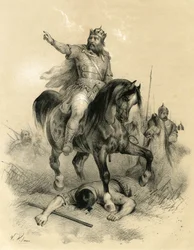 Attila (c. 395-453), the sole leader of the Huns in 445, ravaged the empires of the East and the West - Barbarian Invasions - Engraving by Victor Adam (1801-1866) in the book “France in the Middle Ages” published by the Ardant brothers in the middle of the