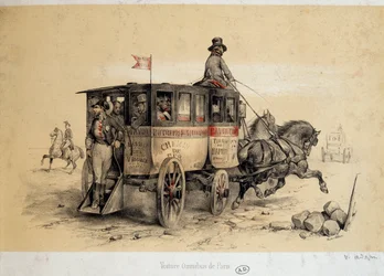Paris omnibus car - Lithography by Adam, ca. 1840