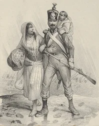 Soldier with a Woman on His Arm and a Child on His Back