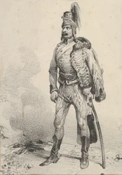 Standing soldier with his jacket on one shoulder