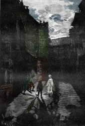 Paranormal Phenomenon: Appearance of a Ghost in the Courtyard of a Haunted Castle. Engraving from 