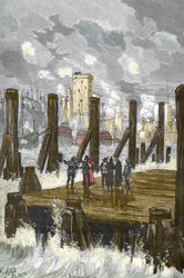 Siege of La Rochelle (1627-1628): “Cardinal Richelieu (1585-1642) on the dam of La Rochelle, during the siege of the city, stronghold of the Protestants in October 1628” - Cardinal Richelieu at the siege of La Rochelle in October 1628, engraving