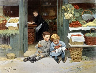 Two children eating an apple and strawberries. Illustration