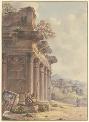 Architectural Capriccio: Ruins of a Temple Facade, with a Landscape of Buildings and a Bay in the Background