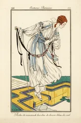 Woman in nainsook dress bordered with sky-blue linen