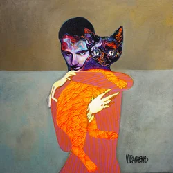 Vibrant Man Cat Embrace
