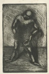 Man Squatting with Hat in Hand