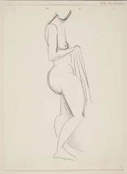 Standing nude woman, profile to the right, drapery in hand