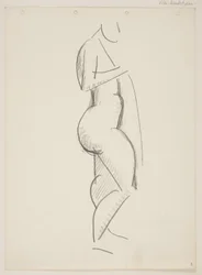 Standing nude woman, profile to the right, drapery in hand