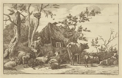 Seated Shepherd with Livestock in Front of a Dilapidated Barn