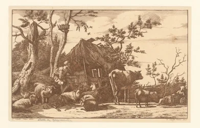 Seated Shepherd with Cattle in Front of a Dilapidated Barn