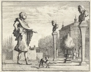 Man by Two Herms in Formal Garden