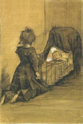 Girl Kneeling by a Cradle
