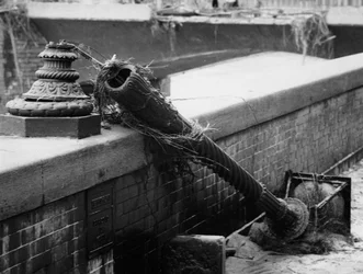 Street lamp broken off by the force of the flood waters in Florence, November 1966