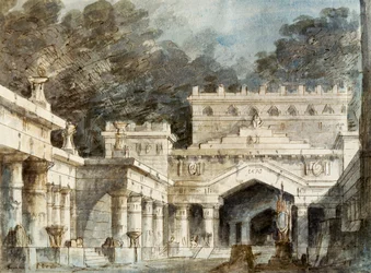 Set design for fifth scene of Norma, opera by Vincenzo Bellini, performed at La Fenice Theatre in Venice