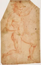Young male nude kneeling to the right